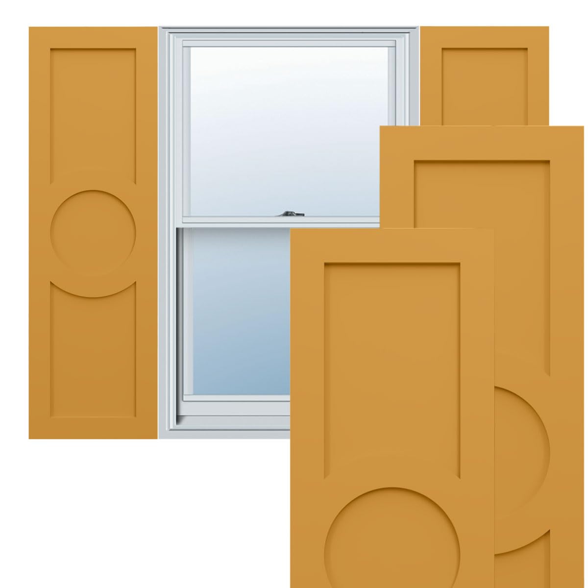 12"W x 60"H True Fit PVC Center Circle Arts & Crafts Fixed Mount Shutters, Turmeric (Per Pair - Hardware Not Included)