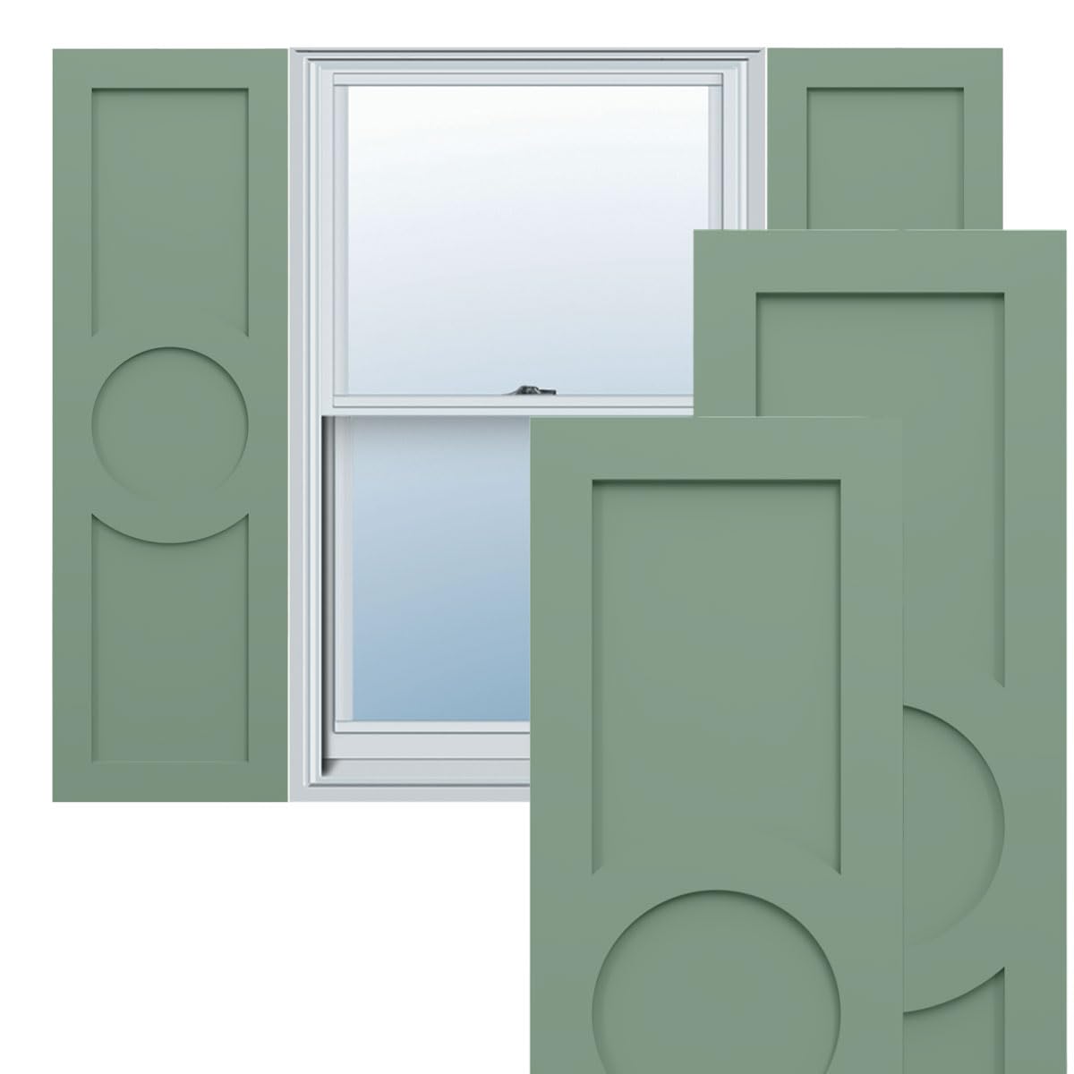 18"W x 39"H True Fit PVC Center Circle Arts & Crafts Fixed Mount Shutters, Thermal Green (Per Pair - Hardware Not Included)