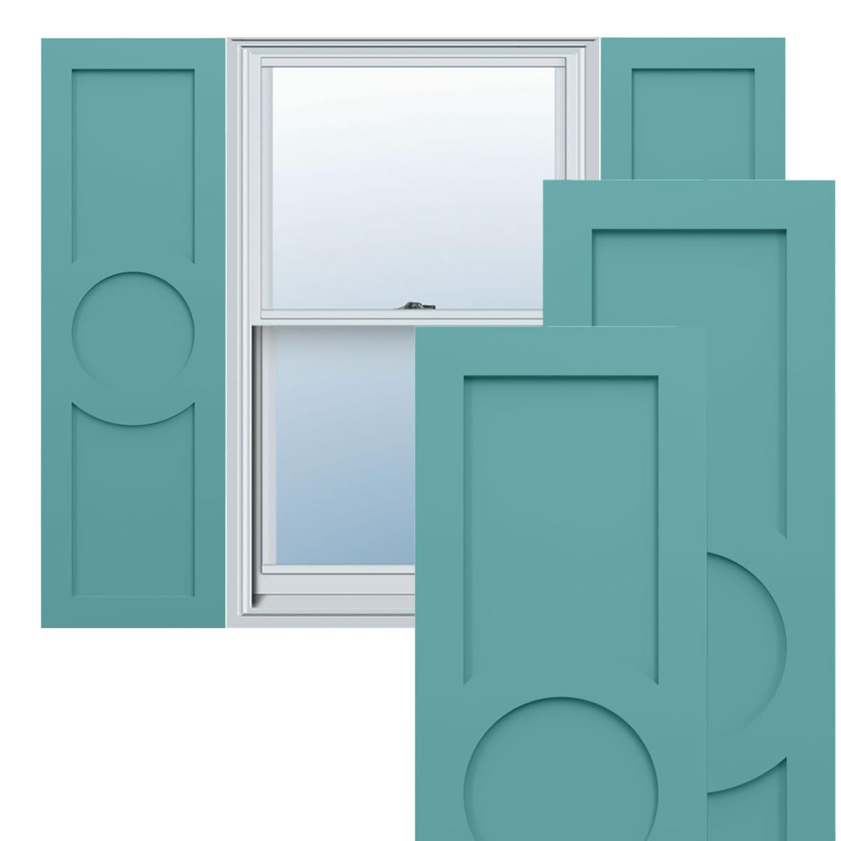 18"W x 39"H True Fit PVC Center Circle Arts & Crafts Fixed Mount Shutters, Thermal Green (Per Pair - Hardware Not Included)
