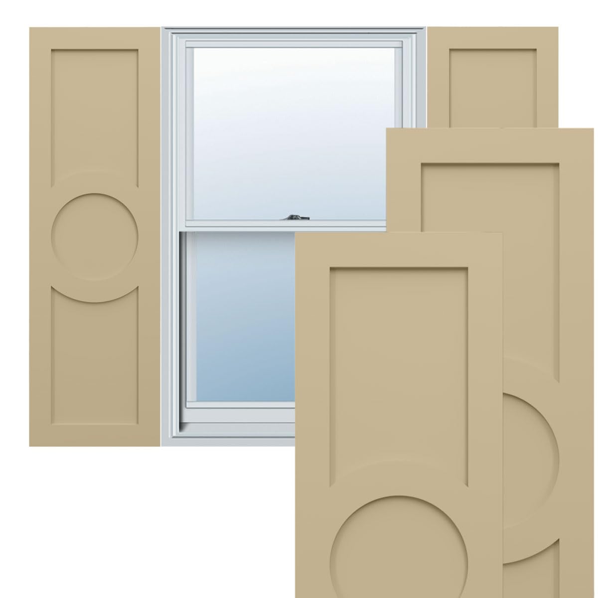 12"W x 60"H True Fit PVC Center Circle Arts & Crafts Fixed Mount Shutters, Turmeric (Per Pair - Hardware Not Included)