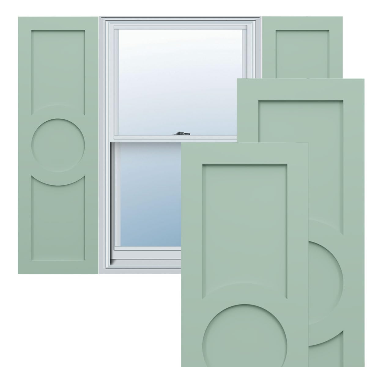 18"W x 39"H True Fit PVC Center Circle Arts & Crafts Fixed Mount Shutters, Thermal Green (Per Pair - Hardware Not Included)
