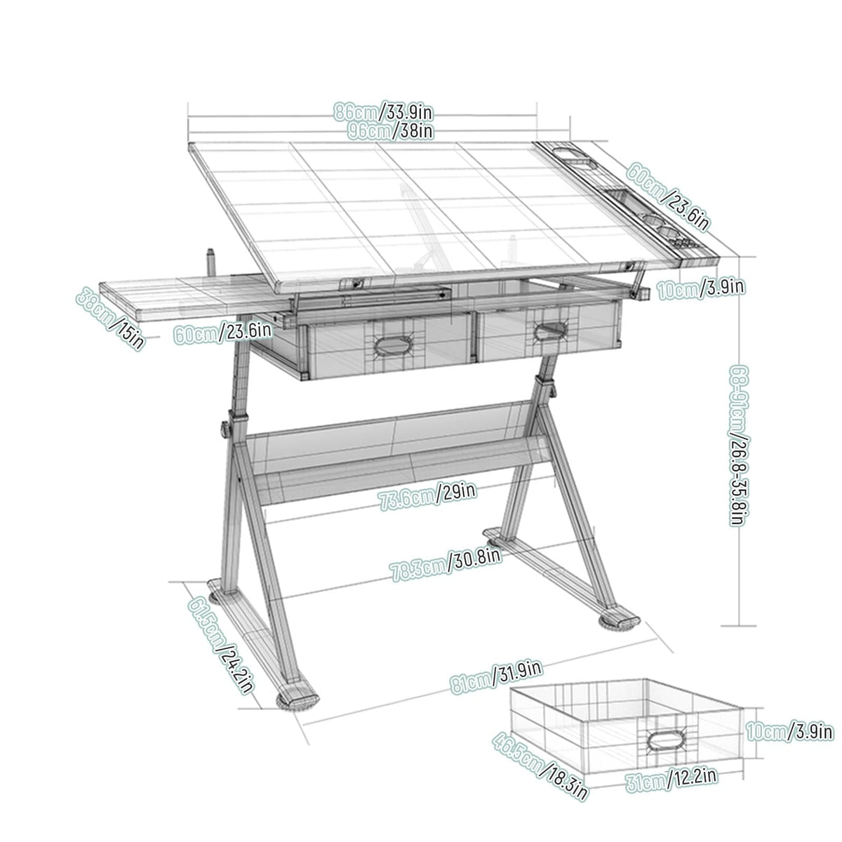 Art & Craft Workstation Hobby Drawing Desk Height Adjustable 0°-80° Tilting Tabletop Painting Table for Technical Drawing, Reading, Writing