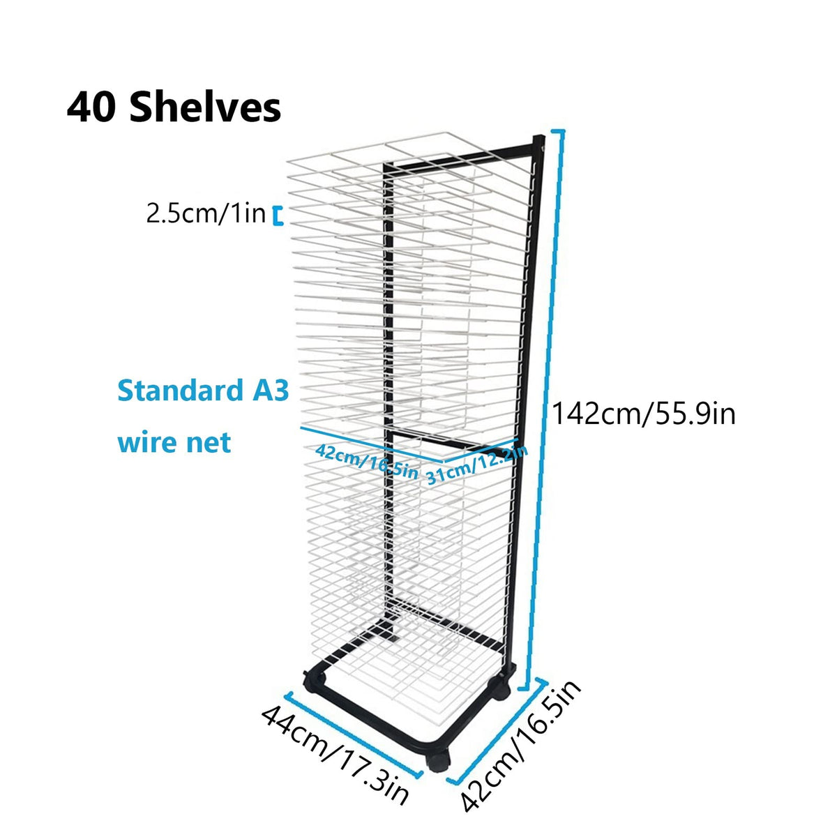 Art Drying Rack for Painting Craft Artwork Canvas Storage, Stackable Wire Shelves Metal Drying Rack for Classroom, Schools and Art Clubs, Power Coated, Black+White,40 Shelves Doubl,40 Shelves