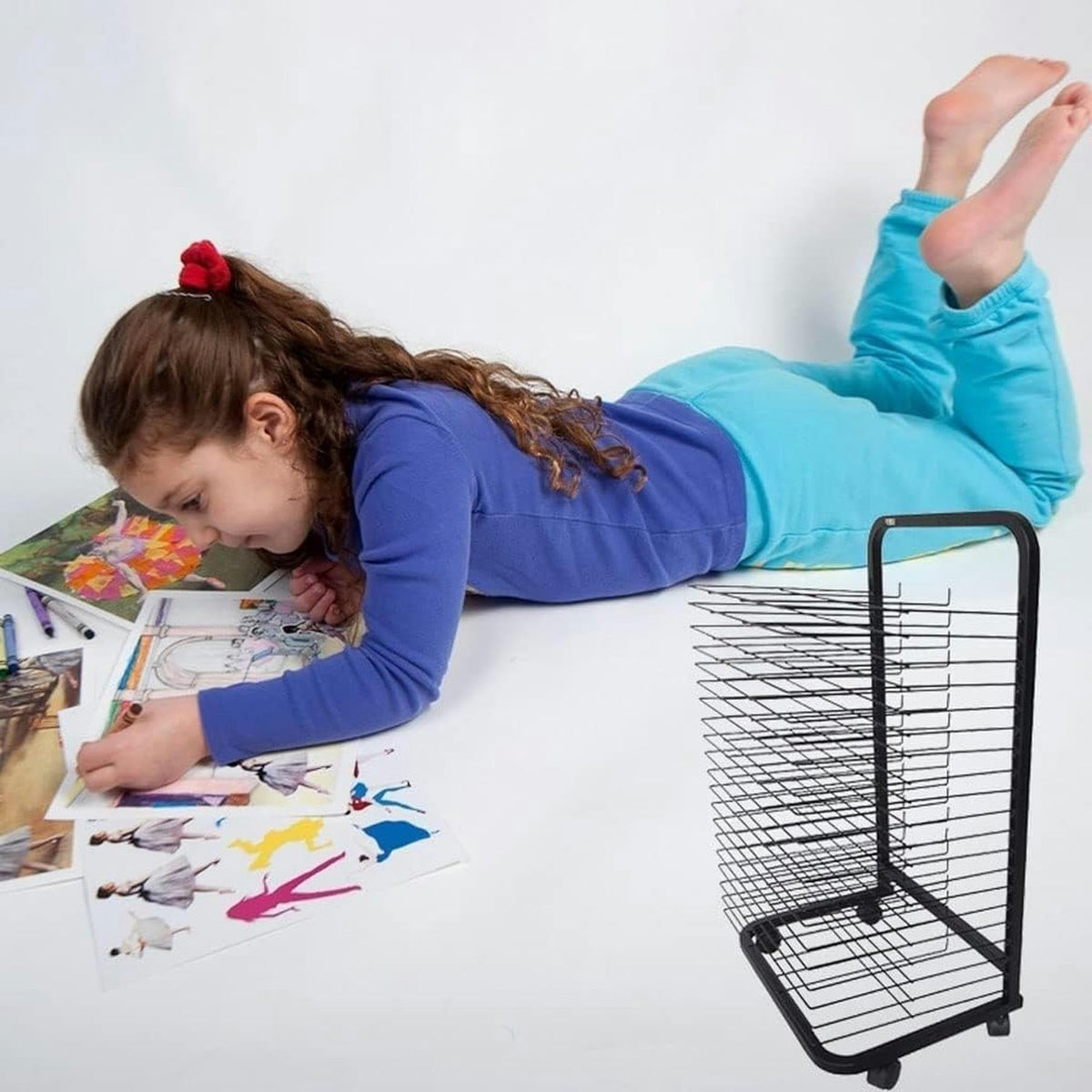 Art Drying Rack, Flexible Shelves Mobile Cart for Painting Craft Artwork Wire Shelves Storage, Black Powder Coated Finish, Stackable Metal Steel Art Rack Power Coated for Classroom, Art Club