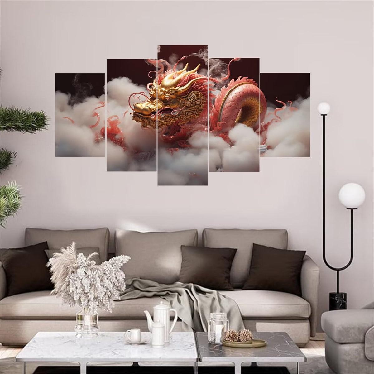 5 Panel Diamond Painting Kits 5D DIY Animals Dragons Diamond Art Kits for Adults, Full Drill Round Diamond Dots Crystal Rhinestone Gems Arts and Crafts for Home Wall Decor Gifts 120x78in E-2258