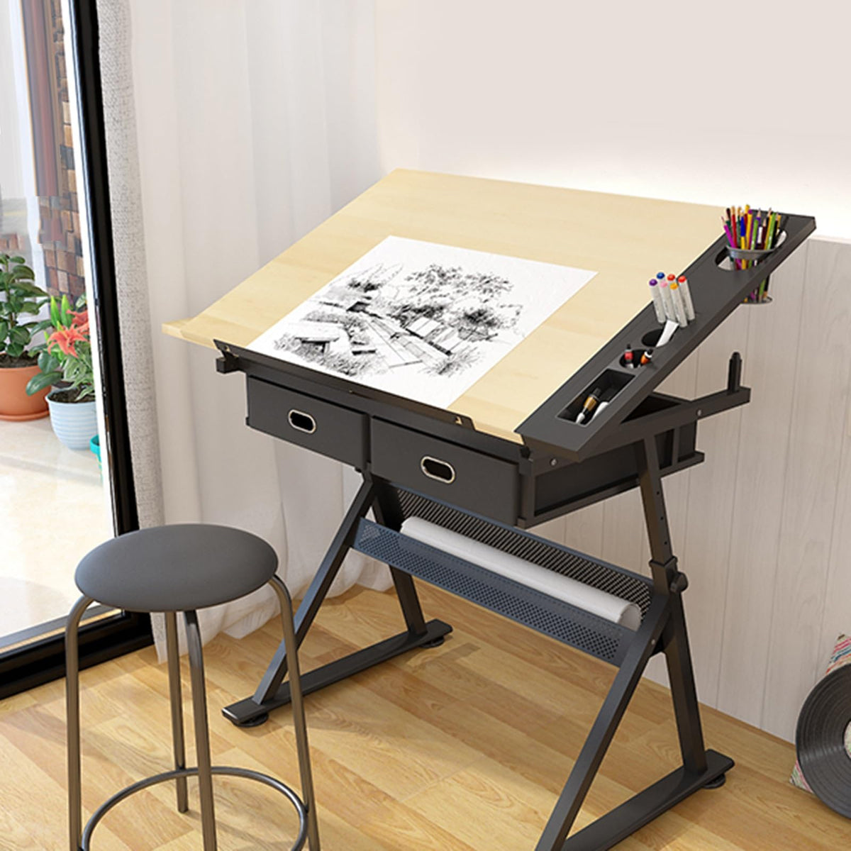 Art & Craft Workstation Hobby Drawing Desk Height Adjustable 0°-80° Tilting Tabletop Painting Table for Technical Drawing, Reading, Writing
