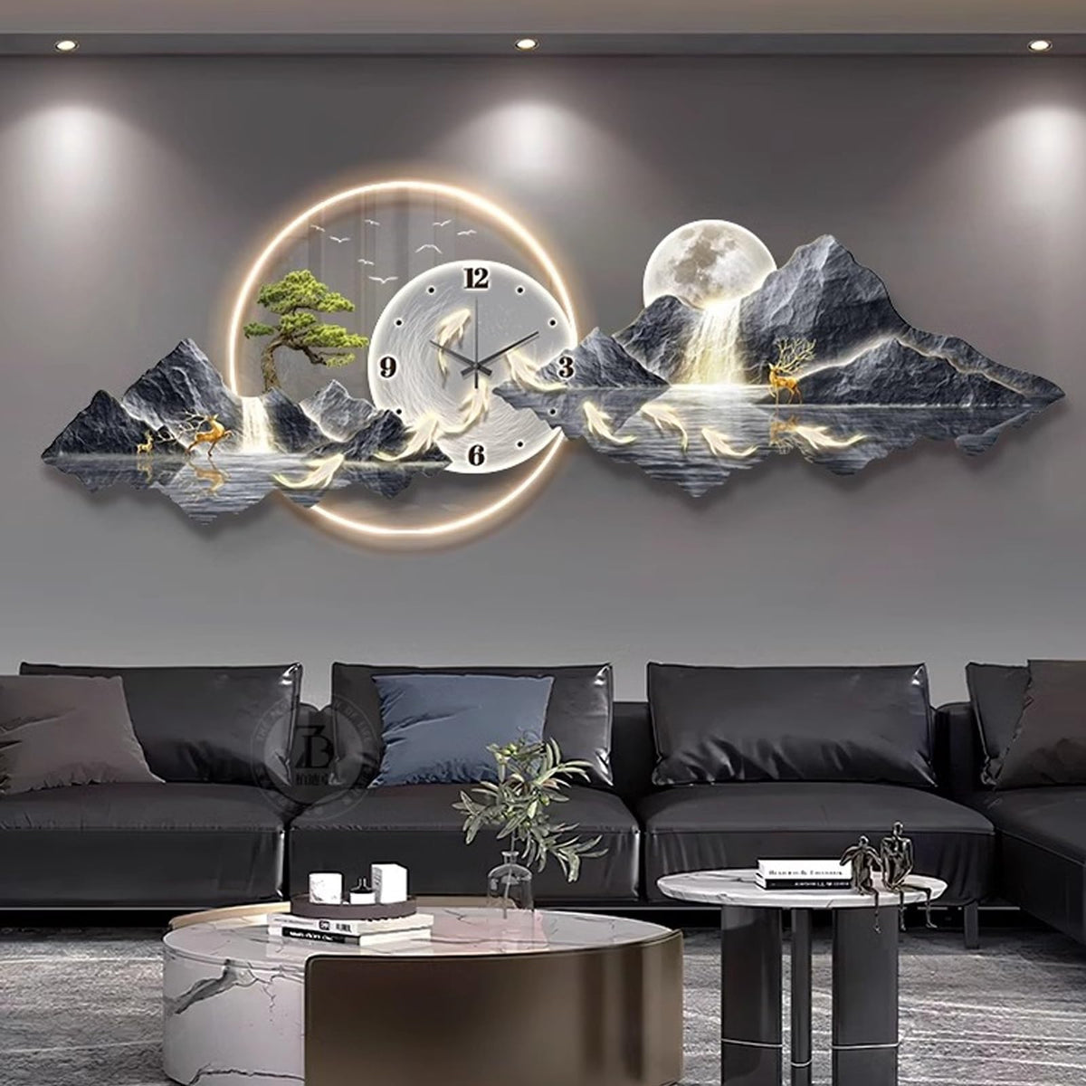 3D Wall Art Clock Decor with LED Light,Plug-in Power Illuminated Mountain Landscape Wall Decorative,Fake Tree Moon,Acrylic Crystal Porcelain Craft for Living Room(A,50 * 150cm/19.7 * 59in)