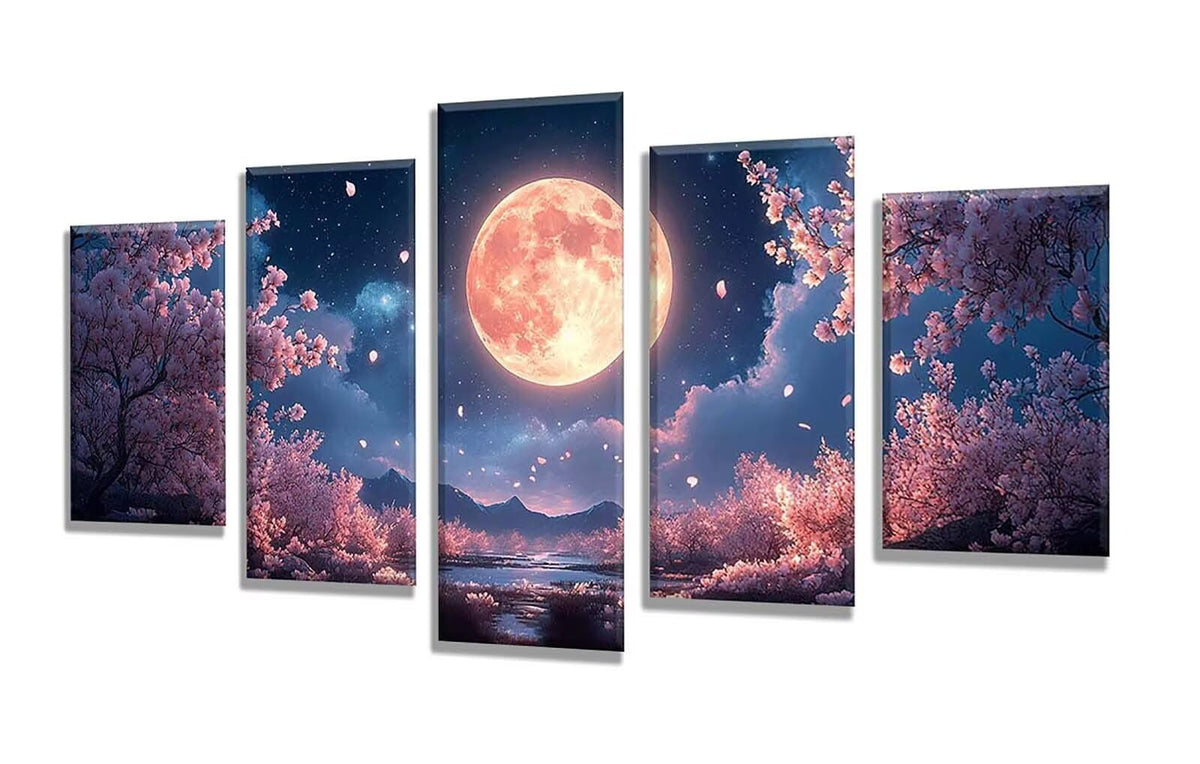 5 Pack Diamond Painting Kits Moon Cherry Blossoms Large Diamond Painting Kits for Adults, Crystal Gems Arts and Crafts, DIY Full Drill Embroidery Paintings, for Home Decor 300x180cm/120x78in q-9669