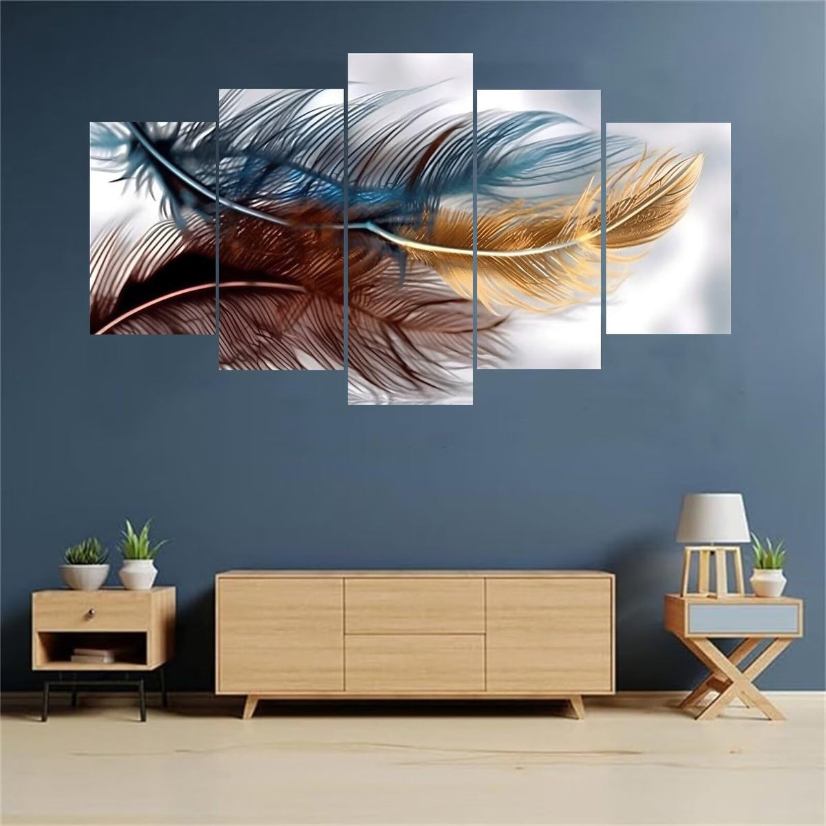 5 Panel Diamond Painting Kits 5D DIY abstract feathers Diamond Art Kits for Adults, Full Drill Round Diamond Dots Crystal Rhinestone Gems Arts and Crafts for Home Wall Decor Gifts 120x78in E-1439