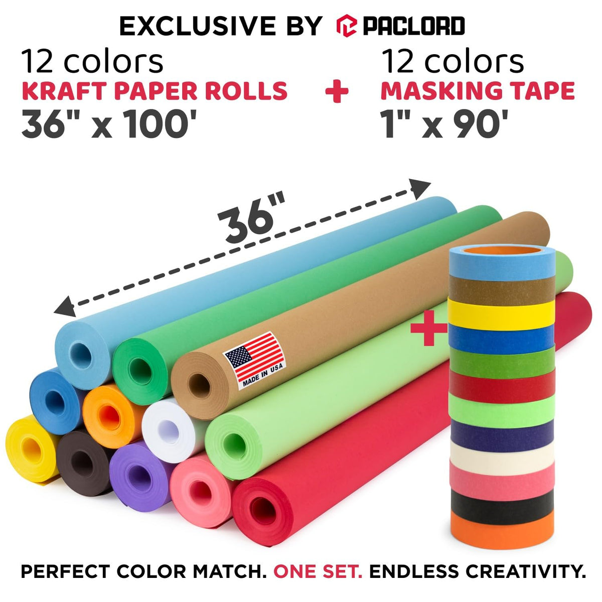 12 Rolls of Colored Kraft Paper and 12 Rolls of Colored Masking Tape