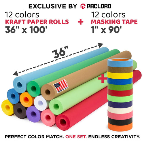 12 Rolls of Colored Kraft Paper and 12 Rolls of Colored Masking Tape