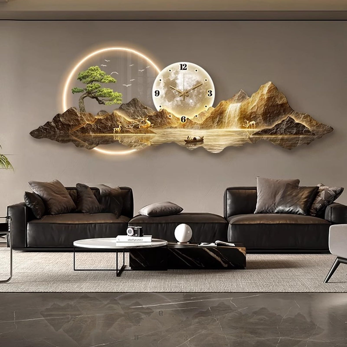 3D Wall Art Clock Decor with LED Light,Plug-in Power Illuminated Mountain Landscape Wall Decorative,Fake Tree Moon,Acrylic Crystal Porcelain Craft for Living Room(A,50 * 150cm/19.7 * 59in)
