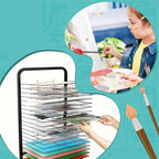 Art Drying Rack, Flexible Shelves Mobile Cart for Painting Craft Artwork Wire Shelves Storage, Black Powder Coated Finish, Stackable Metal Steel Art Rack Power Coated for Classroom, Art Club