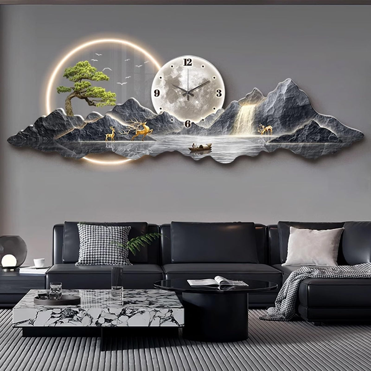 3D Wall Art Clock Decor with LED Light,Plug-in Power Illuminated Mountain Landscape Wall Decorative,Fake Tree Moon,Acrylic Crystal Porcelain Craft for Living Room(A,50 * 150cm/19.7 * 59in)