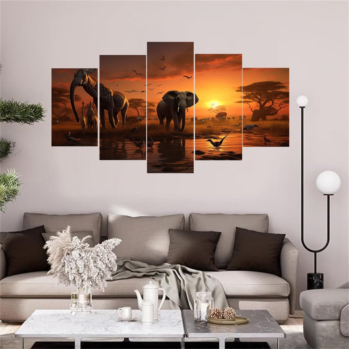 5 Panel Diamond Painting Kits 5D DIY Animal Sunset Diamond Art Kits for Adults, Full Drill Round Diamond Dots Crystal Rhinestone Gems Arts and Crafts for Home Wall Decor Gifts 120x78in E-2384