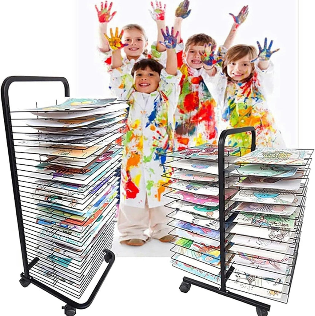 Art Drying Rack, Flexible Shelves Mobile Cart for Painting Craft Artwork Wire Shelves Storage, Black Powder Coated Finish, Stackable Metal Steel Art Rack Power Coated for Classroom, Art Club