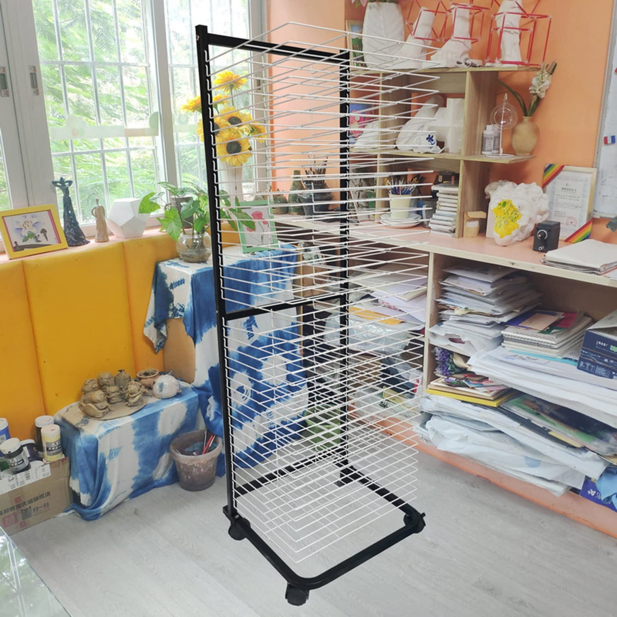 Art Drying Rack for Painting Craft Artwork Canvas Storage, Stackable Wire Shelves Metal Drying Rack for Classroom, Schools and Art Clubs, Power Coated, Black+White,40 Shelves Doubl,40 Shelves
