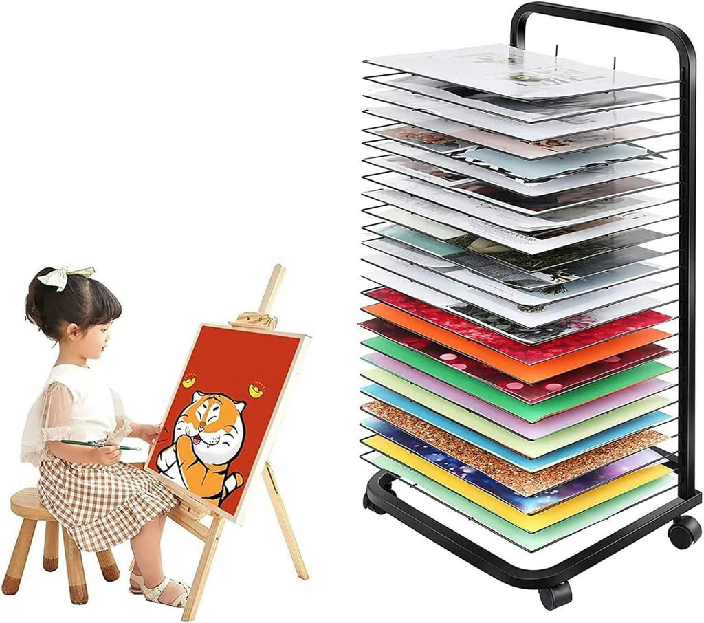 Art Drying Rack, Flexible Shelves Mobile Cart for Painting Craft Artwork Wire Shelves Storage, Black Powder Coated Finish, Stackable Metal Steel Art Rack Power Coated for Classroom, Art Club