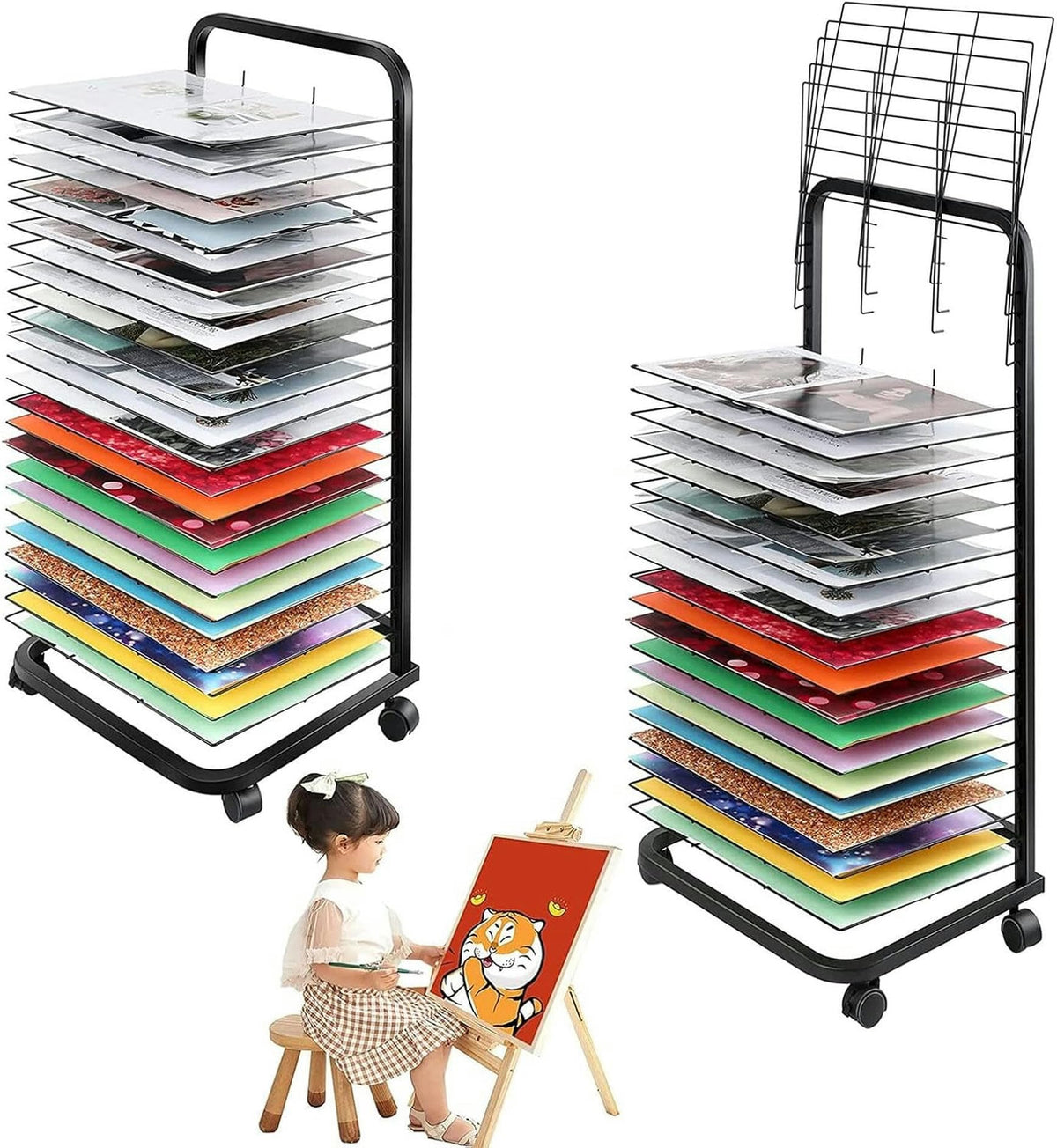 Art Drying Rack, Flexible Shelves Mobile Cart for Painting Craft Artwork Wire Shelves Storage, Black Powder Coated Finish, Stackable Metal Steel Art Rack Power Coated for Classroom, Art Club
